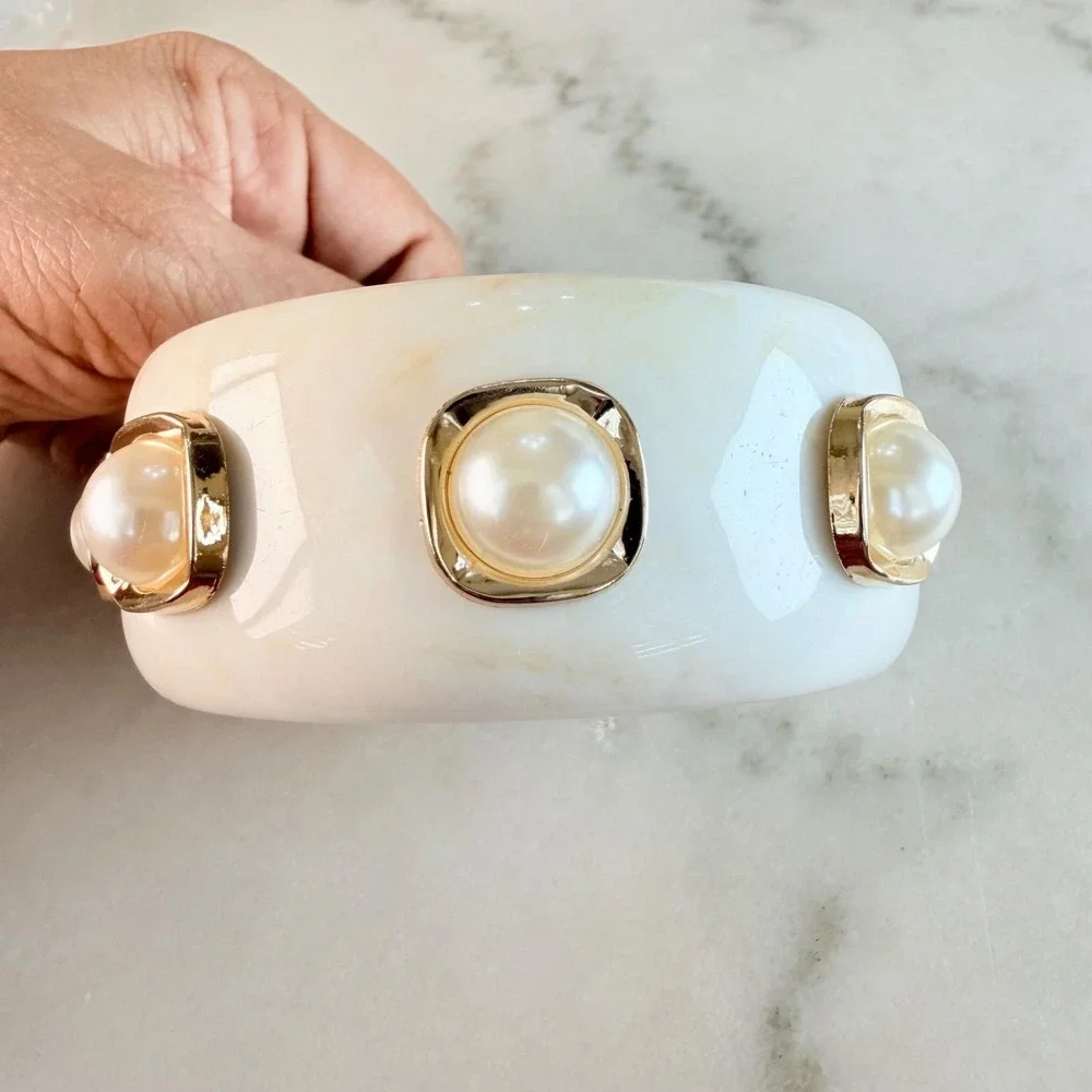 White Lucite Marble Acrylic Chunky Bangle Faux Pearl Gold Stud Cuff Statement